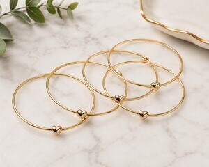 Lot of 5 Petite Gold Heart Bangle Bracelets | Minimalist Stackable Bracelets |